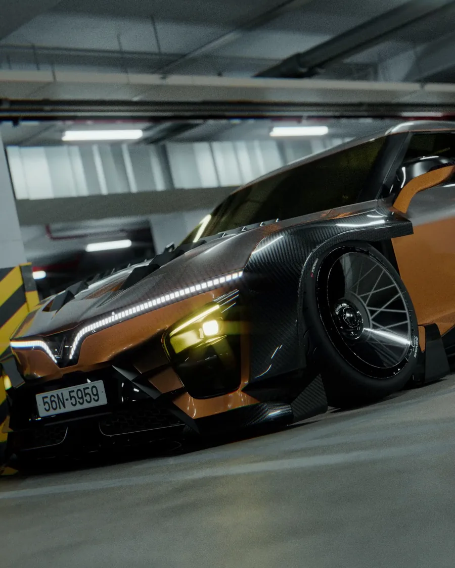 Low front three-quarter of the copper VF7 Widebody in a parking garage, V-bar DRL lit