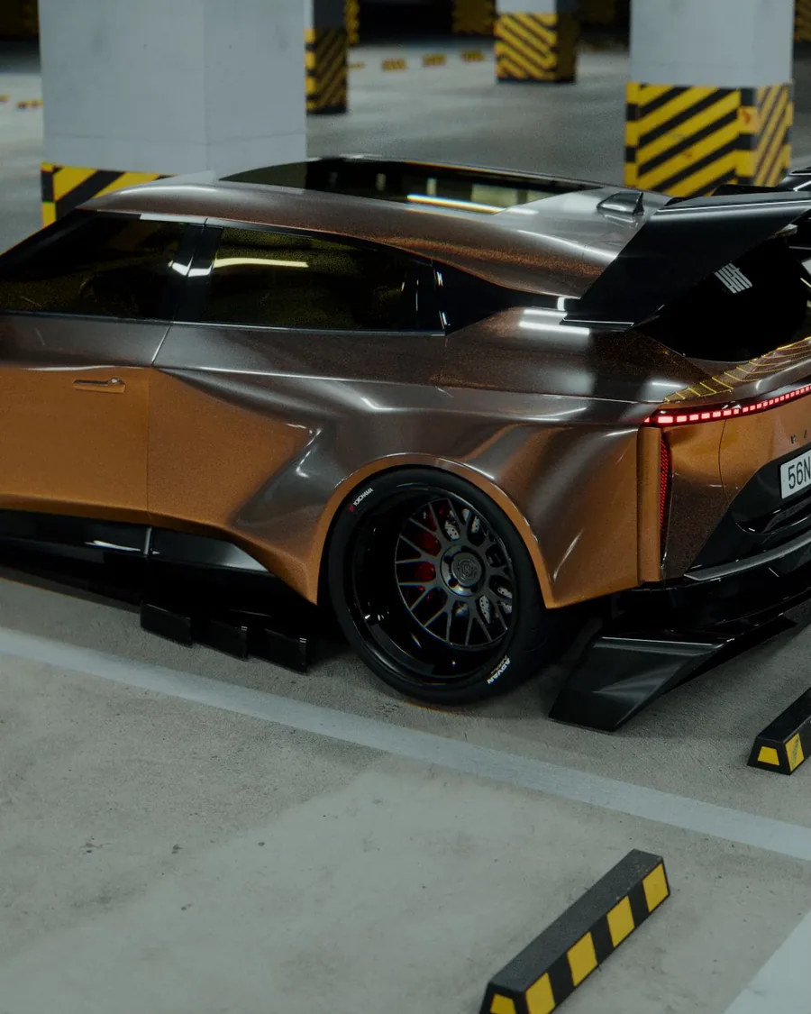 Rear quarter of the copper VF7 Widebody with the widened rear arch