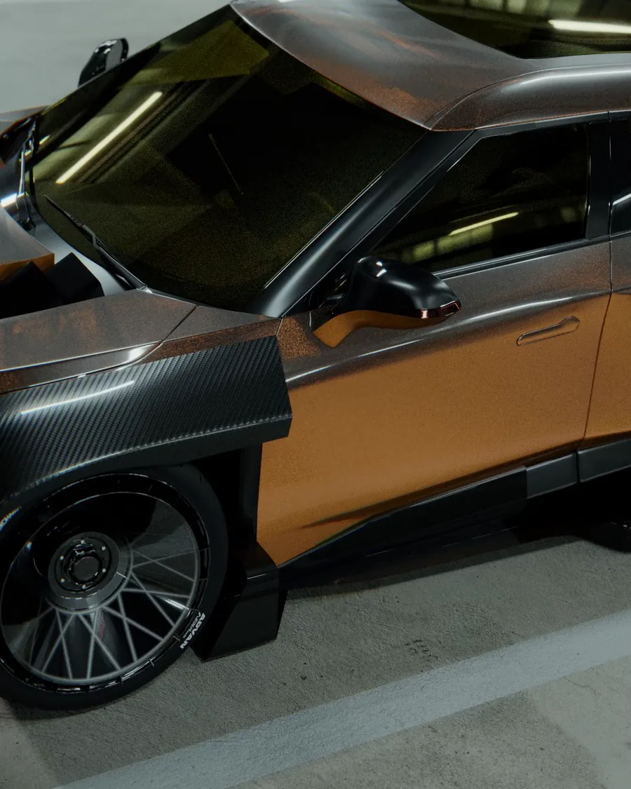 Side of the copper VF7 Widebody with the carbon front arch