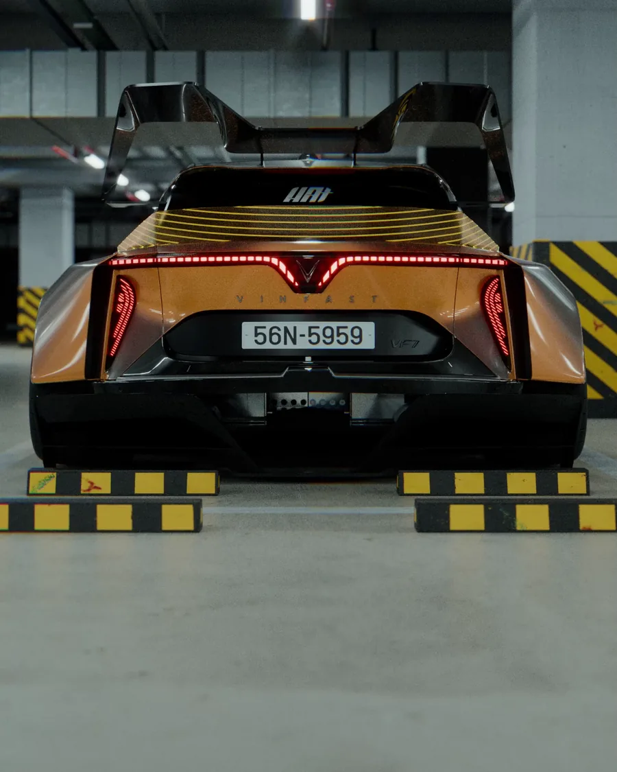 Tail of the copper VF7 Widebody with the lit matrix tail bar