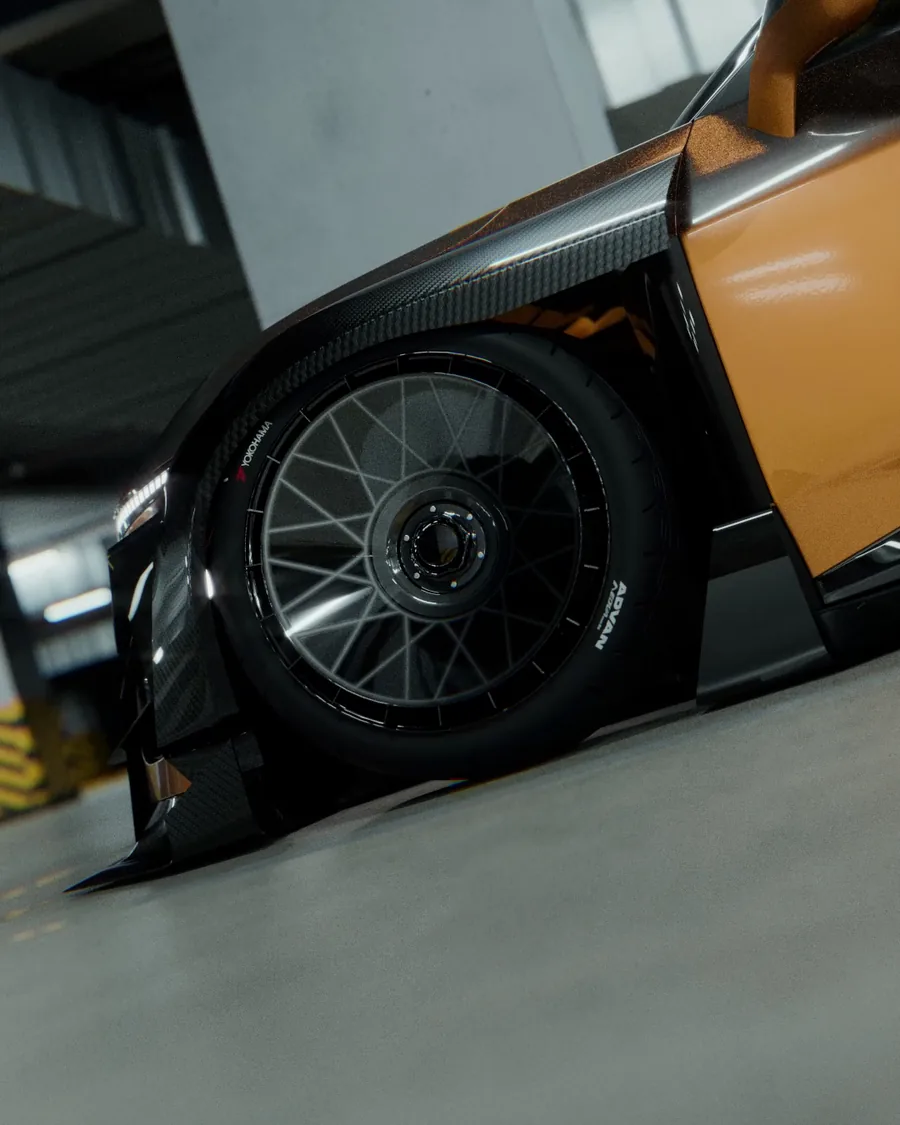 Close-up of the front wheel and widened arch